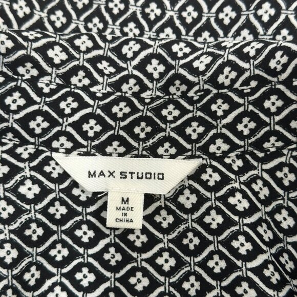 Max Studio Womens SZ M Black & White Geometric Pattern Blouse Half Button Front - Picture 3 of 10